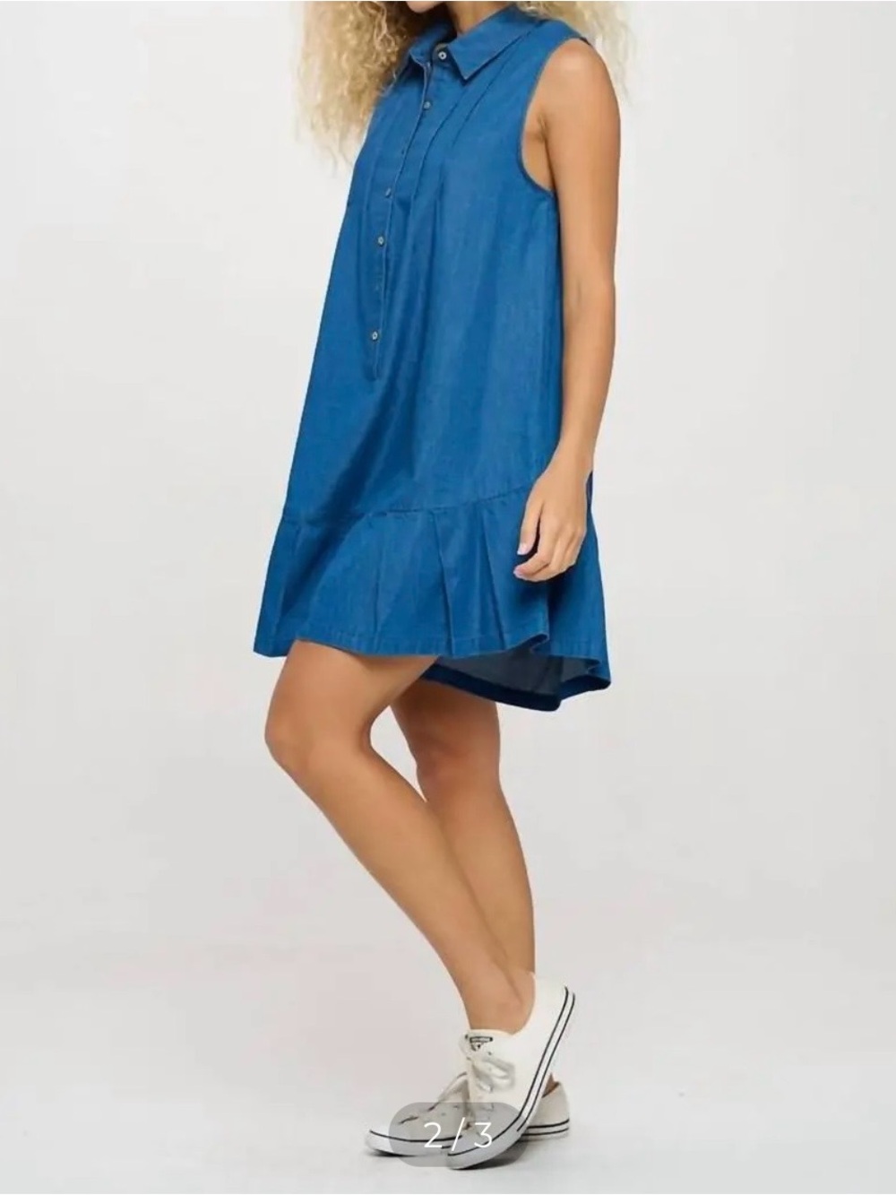 Sleeveless Blue Chambray Ruffle-Hem Mini Skort Dress - Picture 2 of 3